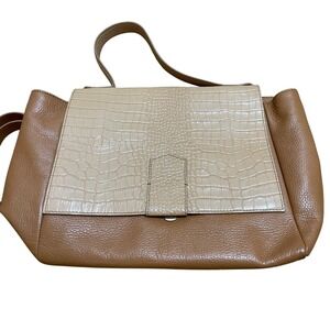 Iacucci Two Tone Beige Brown Leather Satchel Top Handle Crossbody Shoulder Bag